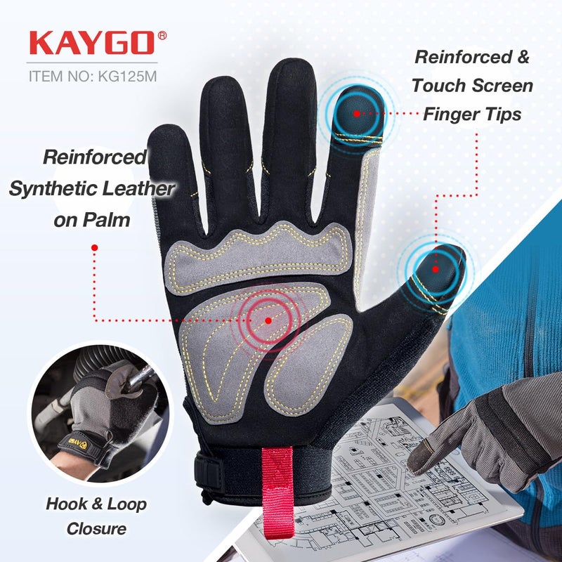 KAYGO Work Gloves For Men, KG125M Mechanic Utility Work Gloves for All Purpose, Excellent Grip, Heavy Duty, Improved Dexterity, Touch Screen, Large - Image 2